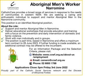Aboriginal Men's Worker
Narromine
 
CatholicCare provides a br