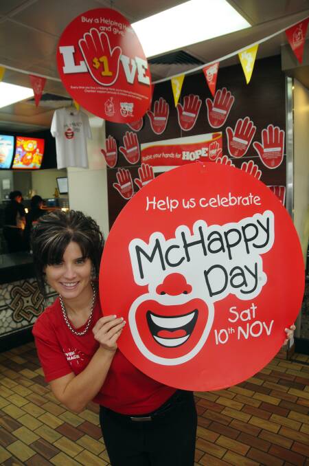 McDonald's Dubbo restaurant manager Jackie Hunt encouraging the community to support McHappy Day by coming in on Saturday or going online between now and then to make a donation to Ronald McDonald House Charities Australia. 	Photo: BELINDA SOOLE