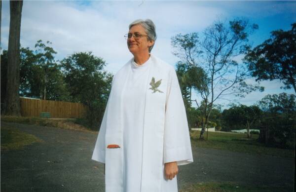 Linda Mary dressed in her vestments, including the stole embroidered for her by Mrs Shuttle.