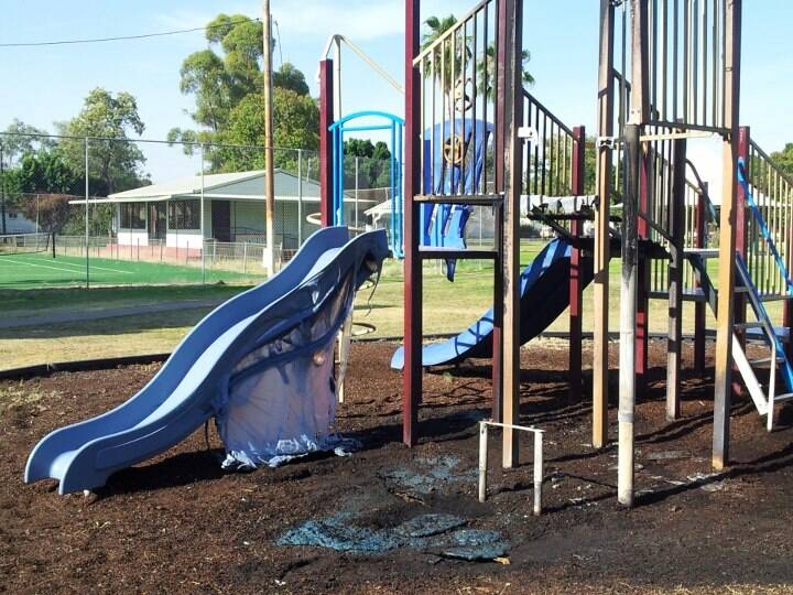 An investigation is underway after vandals set fire to playground equipment in Bourke's Central Park. 	Photo supplied