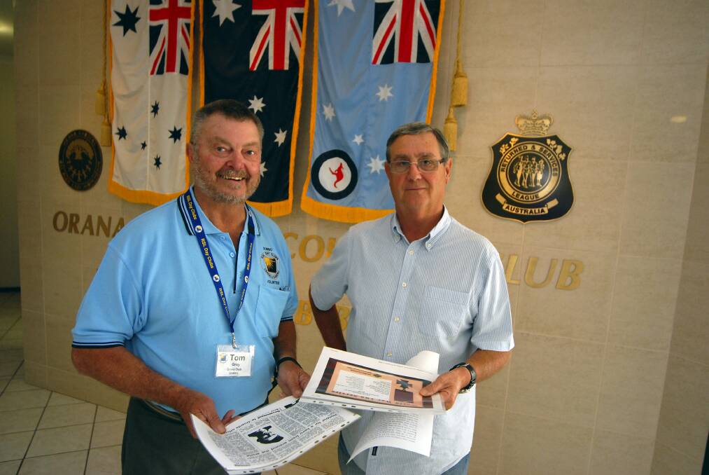 Dubbo RSL Sub Branch president Tom Gray and secretary Bill Greenwood make preparations for the installation of a bust of Rawdon Hume Middleton VC near Dubbo cenotaph later this month. Photo: BELINDA SOOLE