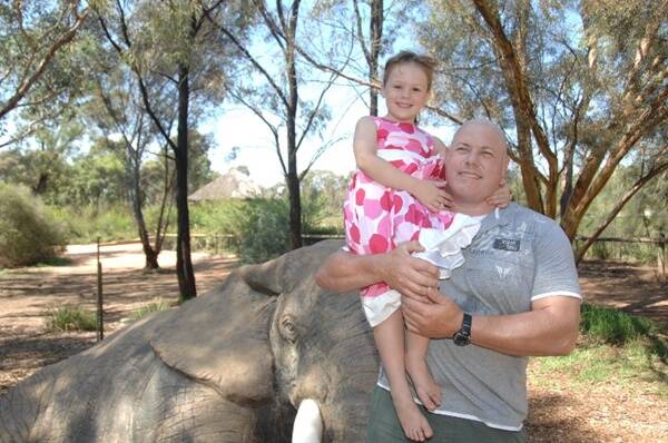 EASY LIFTING: Former Commonwealth Games bronze medallist and World Masters open shot-put champion Stuart Gyngell at Taronga Western Plains Zoo yesterday with his daughter Sally. Gyngell is in town for the Dubbo New Year Open Athletics Carnival.