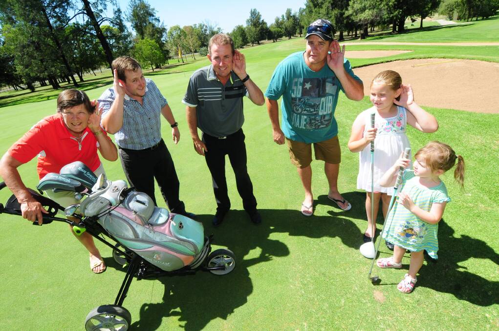Hear Our Heart communications and grants co-ordinator Sue Went, Hear Our Heart committee officer Josh Edwards, Dubbo Golf Club professional Craig Mears and charity golf day organiser Jason Chatfield, with his daughters Xanthie and Abbey. 			  Photo: LOUISE DONGES