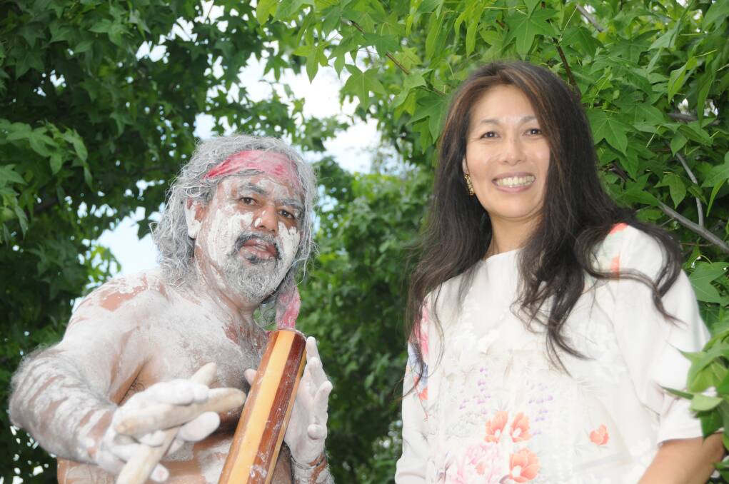 Didgeridoo player Lewis Burns with Yumi Takeda at the 10th anniversary of Shoyoen garden on Saturday. 
Photo: KATHRYN O SULLIVAN