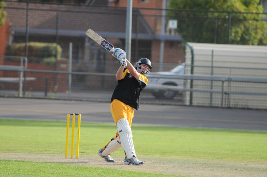 Mat Skinner tees off for Club Dubbo in their McDonalds Medahit match on Friday night. Wins by Club Dubbo and Black Dog Institute started a big weekend in all grades of cricket across Dubbo. 							        Photo: AMY McINTYRE