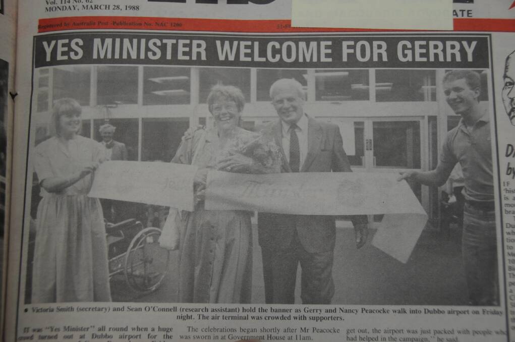 It was 'Yes Minister' all round in March 1988 when a crowd turned out at Dubbo airport to welcome the new Minister for Business and Consumer Affairs.