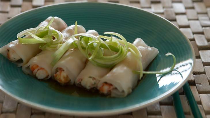 Steamed up ... ginger and prawn rice noodle rolls.