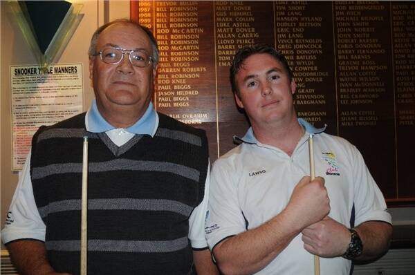 Vern Traeger Memorial Trophy winner Syd Morris (left) with runner-up Tom Lawson at the Dubbo RSL Snooker Club tables on Friday night.
