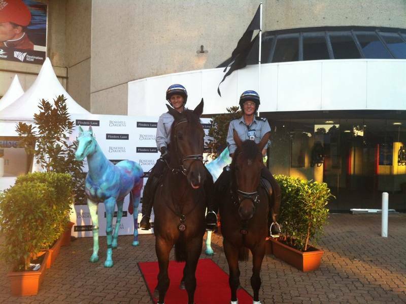Mendooran-based Debra Bell (right) during mounted security training at Rosehill Gardens in Sydney. 								  Photo: SUPPLIED