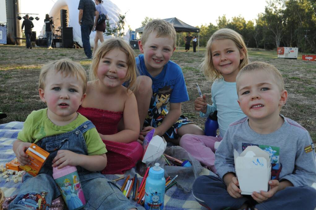 Making friends at a popular Dubbo event were James Croker, Kaela Croker, Nicholas Croker, Abigail Mawbey and Daniel Mawbey at Flix in the Stix held at Lazy River Estate 
.	Photo: JACKIE HUNT