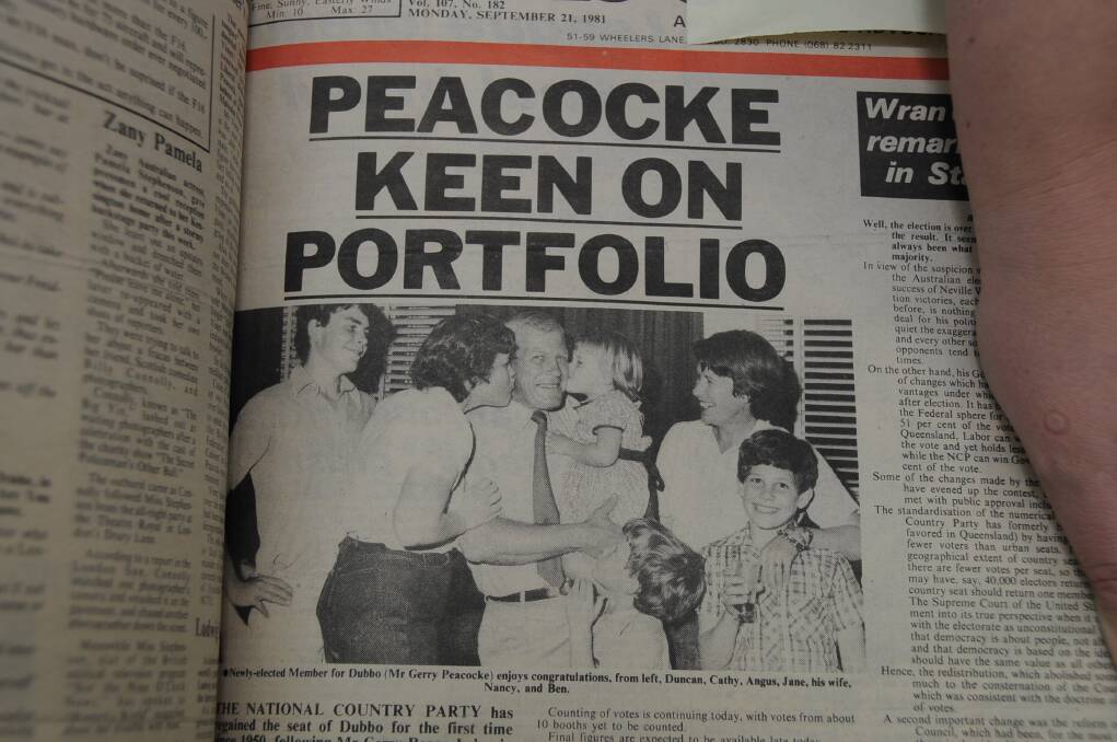 Newly elected Member for Dubbo Gerry Peacocke is congratulated by his family in September 1981