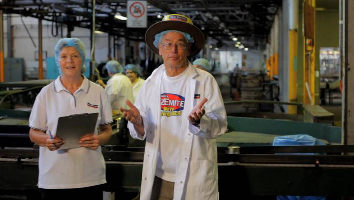 FILMING: Wyangala's Pam Marsh with Dick Smith during the ad, filmed partly at Windsor Farms Foods.