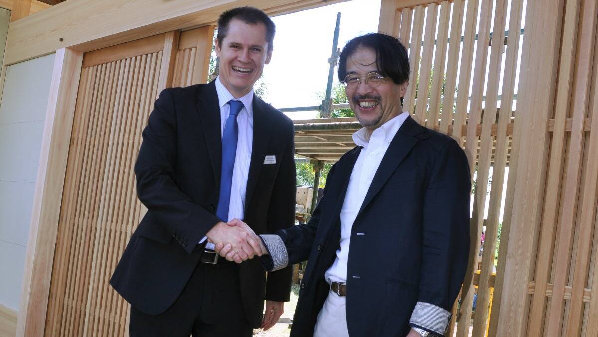 Dubbo mayor Mathew Dickerson with Yoshiki Itazu, director of Aiwa Co. Ltd .	Photo: LISA MINNER