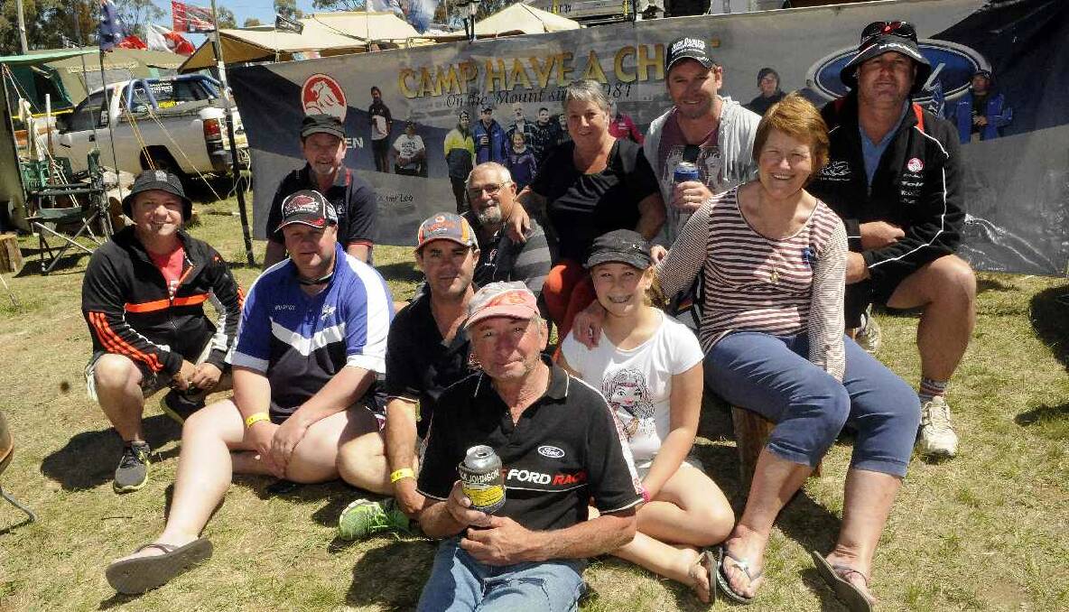 Enjoying camping on top of Mount Panorama this week are guests of Camp Haveachat including Graham Rowe, Ron and Robyn Frohling, Brendan Lee, Martin Smith, Norm Spaseski, Paul McLeish, Chris Randy, Bronte Lee, Marilyn Lee and Malcolm Lee. Photo: Phill Murray.