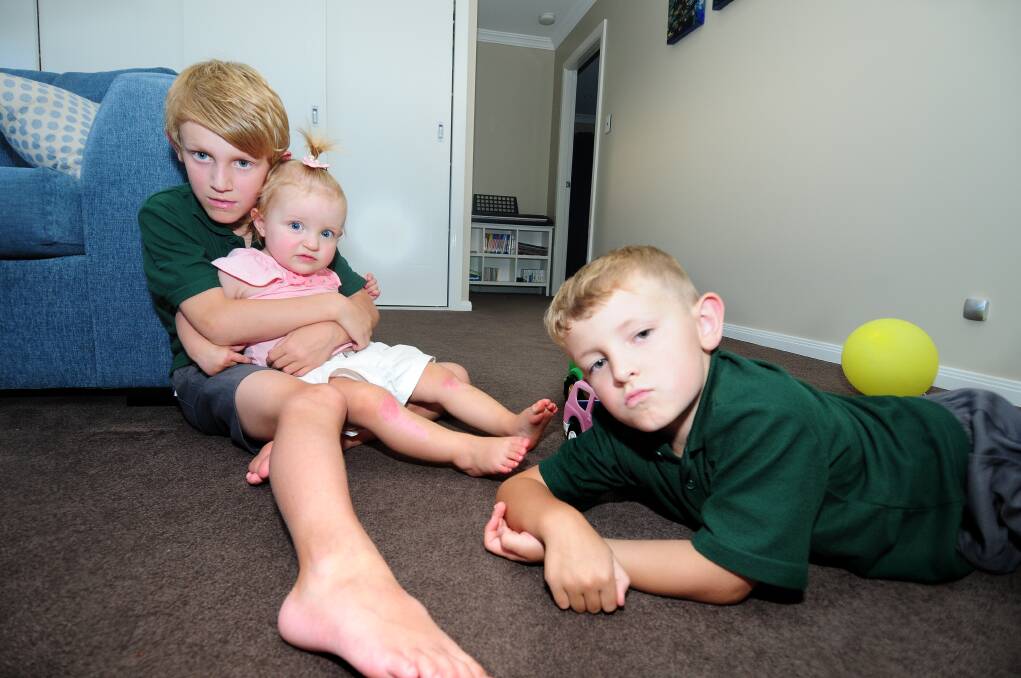 Milla Campion, 16 months, with her brothers Brock, 9, and Aiden, 5. Photo: LOUISE DONGES