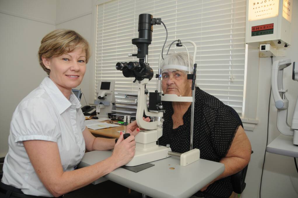 Orthoptist lee Kennedy examines Madge Nixon of Coonabarabran at the new opthalmology clinic in Dubbo. PHOTO: AMY MCINTYRE
