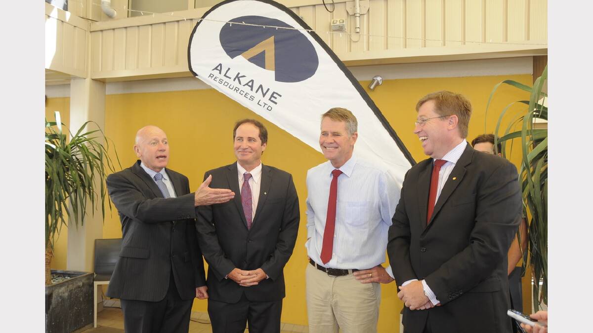 NSW Resources Minister Chris Hartcher, Alkane Resources’ general manager NSW Michael Sutherland, Deputy Premier Andrew Stoner and Dubbo MP Troy Grant are all smiles after Mr Stoner’s announcement of a mining lease for the Tomingley Gold Project.	Photo: BELINDA SOOLE