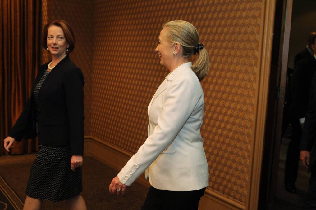 Australian Prime Minister Julia Gillard and US Secretary of State Hillary Clinton attend the annual Australia-United States Ministerial Consultations at the Hyatt Hotel , on November 13, 2012 in Perth, Australia. Photo by Colin Murty - Pool Getty Images