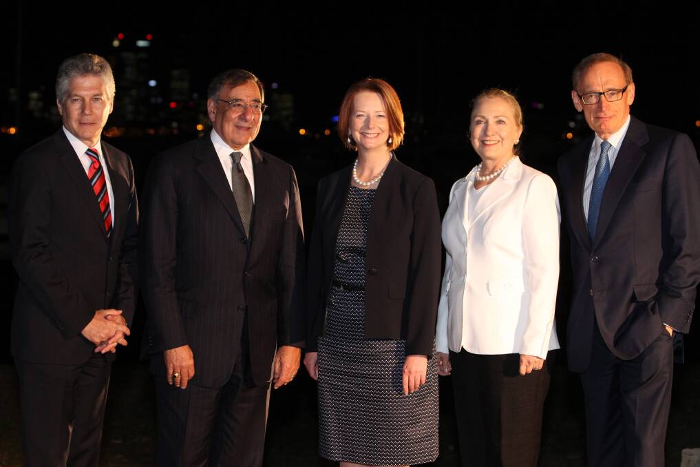 Australian Minister for Defense Stephen Smith, US Secretary of Defense Leon Panetta, Australian Prime Minister Julia Gillard, US Secretary of State Hillary Clinton and Australian Minister for Foreign Affairs Bob Carr pose for a photo during a dinner at the Matilda Bay Restaurant prior to the annual Australia-United States Ministerial Consultations, in Perth, Australia.Photo by Colin Murty - Pool Getty Images