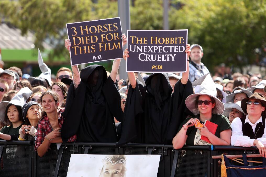 Protesters stand in the crowd at the 'The Hobbit: An Unexpected Journey' World Premiere at Embassy Theatre in Wellington, New Zealand. Photo by Hagen Hopkins/Getty Images